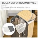 Cesto de Roupa de Bambu Capacidade de 100L com Tampa Rebatível e 2 Compartimentos 62,5x37x60,5cm Cinza e Madeira