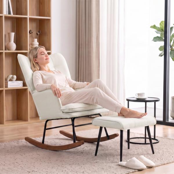 Conjunto de Poltrona Baloiço com Apoio para os Pés Poltrona Relax com Almofada Acolchoada e Anti - Tombo 64x89x90 cm Bege