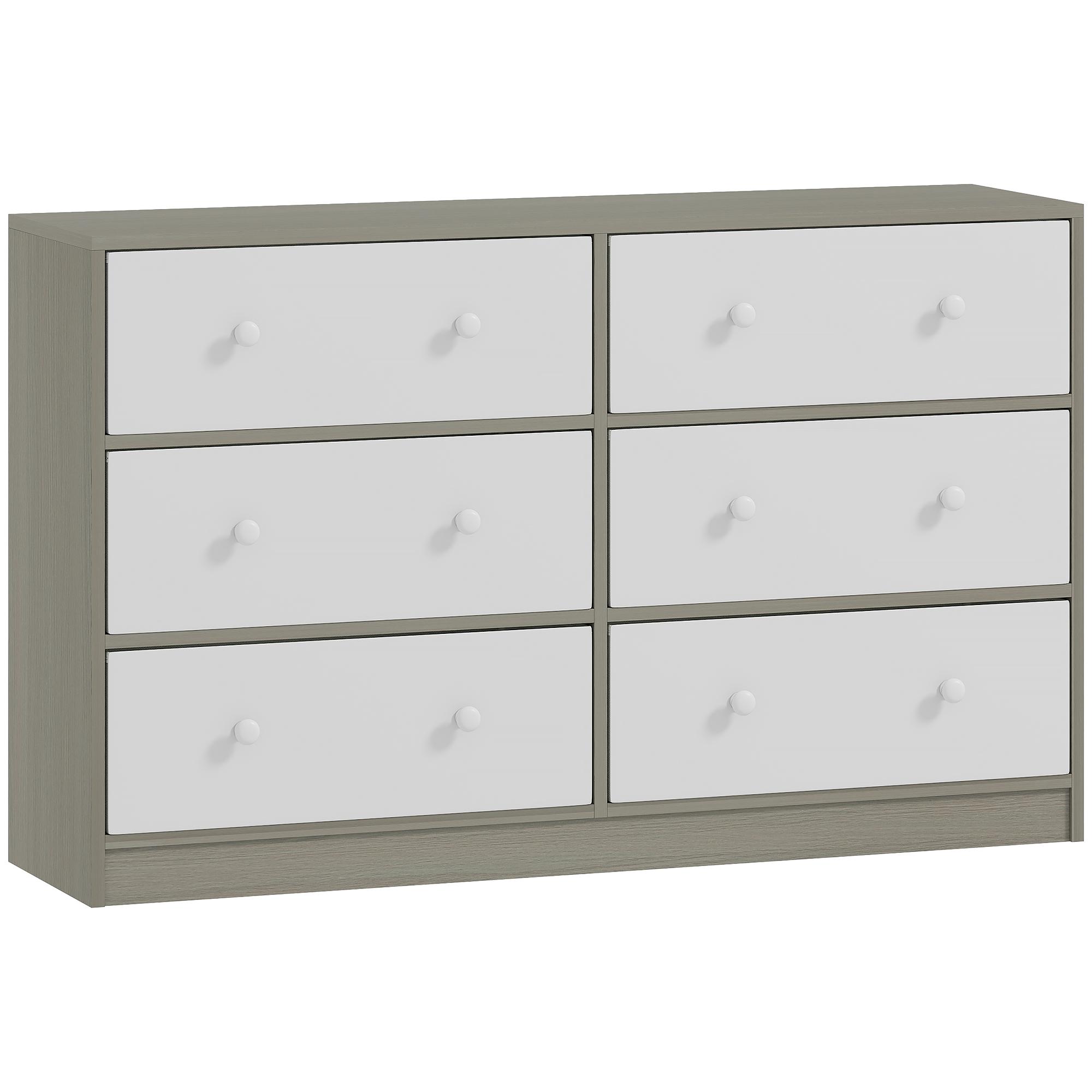 Cómoda com 6 Gavetas de Tecido Cómoda para Quarto Estrutura de Aço e MDF 114x30x70 cm Branco e Cinza