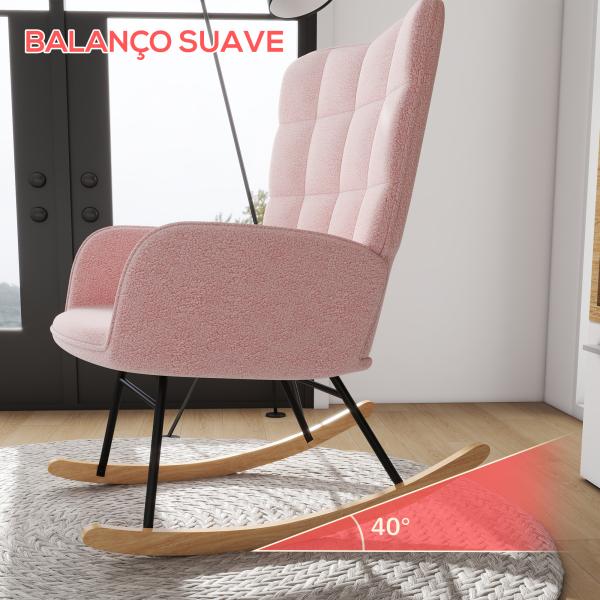 Poltrona Baloiço em Borrego com Oscilação de 40° Pés de Madeira de Faia e Estrutura de Aço 71x98x101 cm Rosa