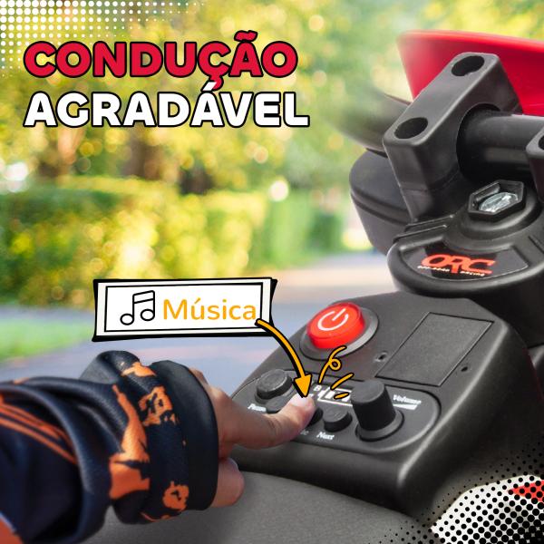Mota Elétrica para Crianças com Bateria 12V Música Velocidade 2,4 - 5 km/h e Rodas Auxiliares 109,5x60x72,5 cm Vermelho