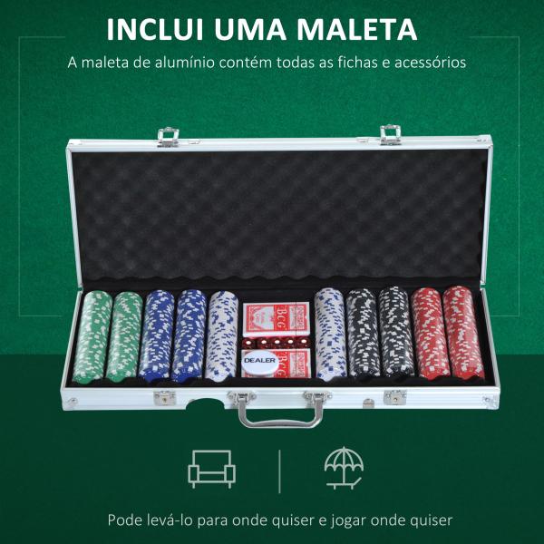 Mala de Poker Profissional com 500 Fichas Jogo de Poker com Mala de Alumínio 5 Dados 2 Baralhos de Cartas e 1 Ficha de Dealer 55,5x22x6,5cm Multicor