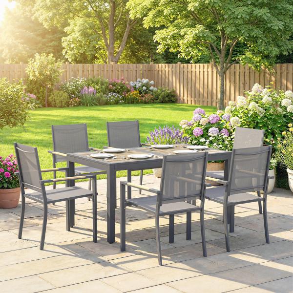 Conjunto de Mesa e Cadeiras de Jardim de 7 Peças Móveis de Jardim para Exterior com Mesa de Plástico PSPC 6 Cadeiras Empilháveis Cinza Escuro