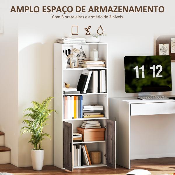 Estante para Livros Estreita Estante com Armário com Prateleira Ajustável 60x30x149,5 cm Branco e Castanho