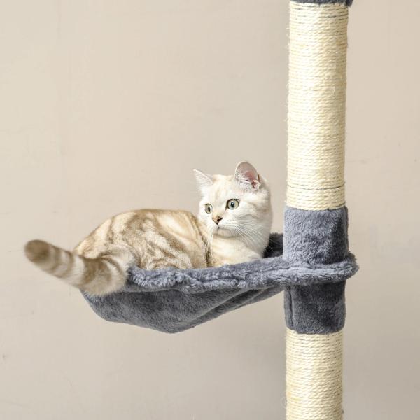 Árvore Arranhador para Gatos Grande 60x60x200cm com 2 Cavernas 2 Redes Cama Múltiplas Plataformas Postes Arranhadores de Sisal Natural e Bolas de Brinquedo Cinza