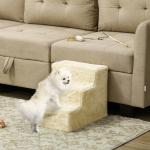 Escada para Cães de 3 Degraus com Capa Removível e Lavável Rampa para Cães para Cama Sofá 46x35x35 cm Bege
