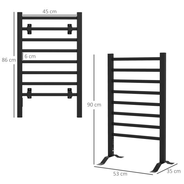 Toalheiro Elétrico c/ 8 Barras para Casa de Banho 53x35x90 cm IPX4 Função de Temporizador Preto