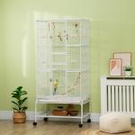 Gaiola para Pássaros com Rodas de 3 Níveis com 3 Poleiros Comedouros Brinquedos Rampas e Prateleira 83x53x180 cm Branco