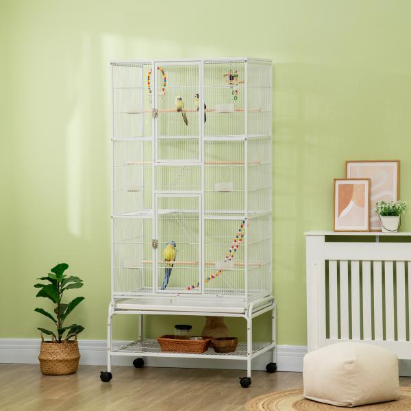 Gaiola para Pássaros com Rodas de 3 Níveis com 3 Poleiros Comedouros Brinquedos Rampas e Prateleira 83x53x180 cm Branco