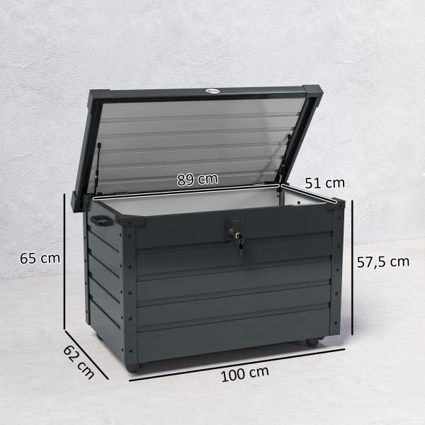 Baú de Exterior 295 L Baú de Armazenamento de Aço Galvanizado com 1 Fechadura para Jardim 100x62x65 cm Cinza Escuro
