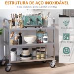 Carrinho de Cozinha Polivalente Carrinho de Apoio com Rodinhas, Prateleiras Ilha de Cozinha 3 Níveis de Carga 50kg Aço Inoxidável