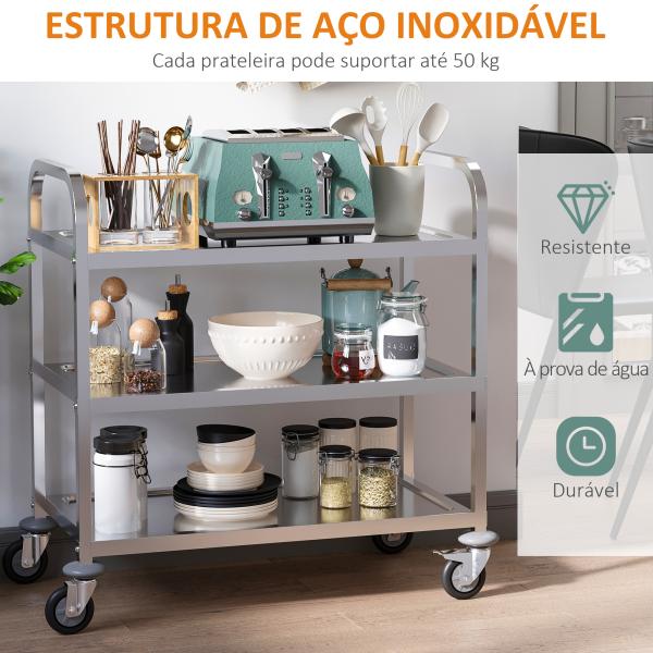 Carrinho de Cozinha Polivalente Carrinho de Apoio com Rodinhas, Prateleiras Ilha de Cozinha 3 Níveis de Carga 50kg Aço Inoxidável