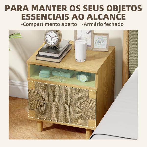 Mesa de Cabeceira Estilo Bohémio com Porta de Corda de Papel Prateleira Aberta e Abertura por Pressão 45x39x50 cm Carvalho