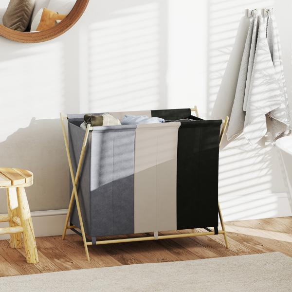 Cesto para Roupa Suja Dobrável com 3 Compartimentos Capacidade 129L com Estrutura de Bambu e Sacos Removíveis Multicolor