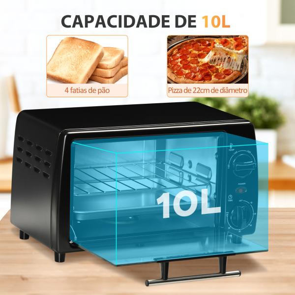 Mini Forno Elétrico 10 Litros 750W com Temperatura até 230°C Temporizador 60 Minutos Bandeja e Grade 36,5x26x22cm Preto