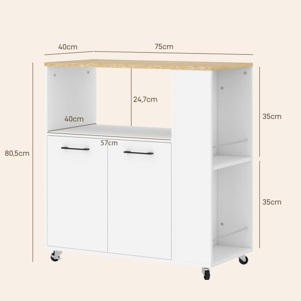 Carrinho de Cozinha com Rodas 2 Portas Prateleira Ajustável e Porta - Especiarias 75x40x80,5 cm Branco e Carvalho