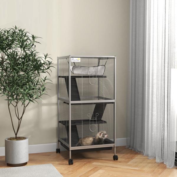 Gaiola para Roedores 52x52x113,5 cm Gaiola para Furões com Rodas 2 Portas 3 Rampas Rede Suspensa e Bandeja Removível Branco