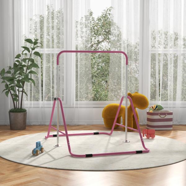 Barra de Ginástica para Crianças Dobrável com Altura Ajustável para Treino em Casa 154x106,2x88,5 - 128,5 cm Rosa
