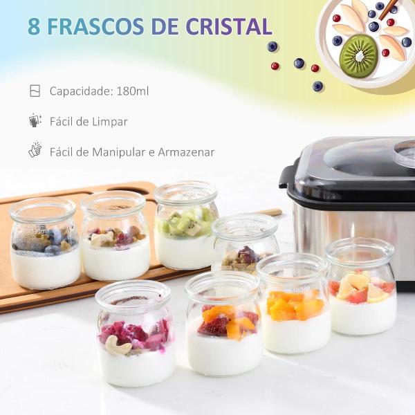 Iogurteira 30W Volume 1,44L com 8 Frascos de Cristal de 180ml Termostato Ajustável Temporizador de 1 - 48 Horas e Desligado Automático 36x18,8x14cm Prata