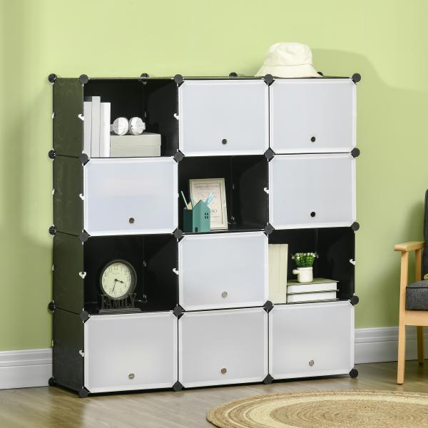 Armário Modular de Plástico Armário com 12 Cubos Organizadores de Sapatos Roupas Brinquedos 125x32x125cm Branco e Preto