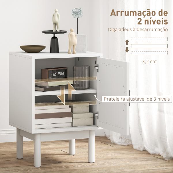 Mesa de Cabeceira com Porta de Vime Prateleira Ajustável e Pés de Madeira Estilo Boémio Mesa Auxiliar 40x35x58 cm Branco