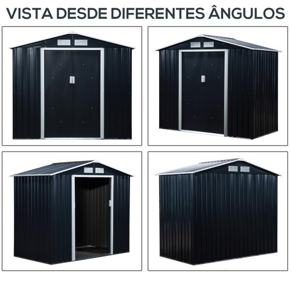 Abrigo de Jardim 213x130x185cm Abrigo de Jardim Metálico de Exterior com 2 Portas Deslizantes e 4 Janelas Cinza Escuro