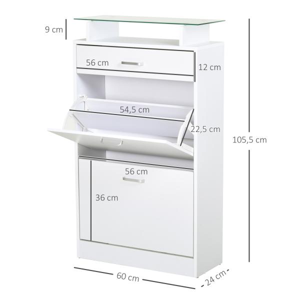 Móvel Sapateira de 2 Portas Sapateira Estreito para 12 Pares de Sapatos com Gaveta Prateleira Aberta e Bancada de Vidro para Corredor Entrada Carga Máx. 50kg 60x24x105,5cm Branco