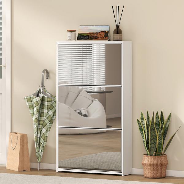 Sapateira Estreita com Espelho para 9 Pares de Sapatos para Corredor Espaços Reduzidos 65x17x114,5 cm Branco