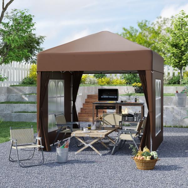 Tenda Dobrável 2x2 m Tenda de Jardim com 4 Paredes Laterais Tecido Oxford 2 Portas 2 Janelas e Bolsa de Transporte Marrom