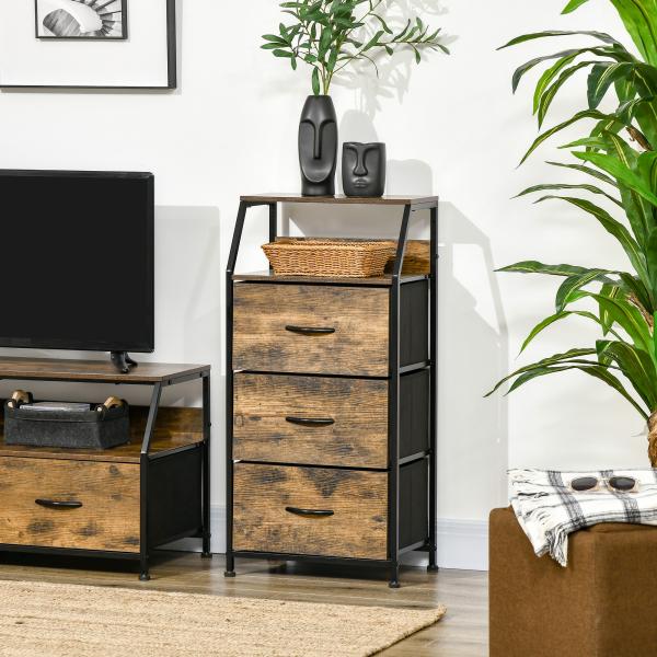 Cómoda com 3 Gavetas de Tecido Dobrável e Prateleira Móvel de Armazenamento Estilo Industrial 44x29x92cm Marrom Rústico