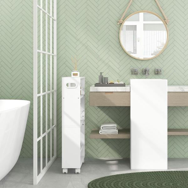 Estante de Casa de Banho com Rodas Carrinho Auxiliar de 3 Níveis com Barras Laterais e Alças 45x15x80 cm Branco