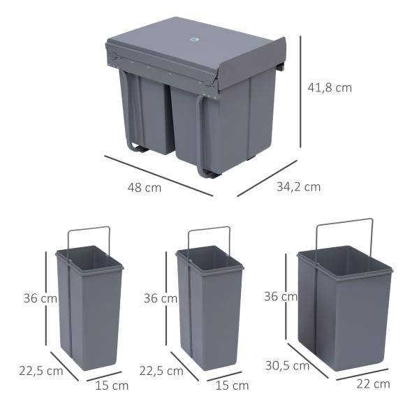 Cubos de Lixo para Cozinha com 3 recipientes de Reciclagem Removíveis 1x20L e 2x10L Metal e Plástico 48x34,2x41,8cm Cinza