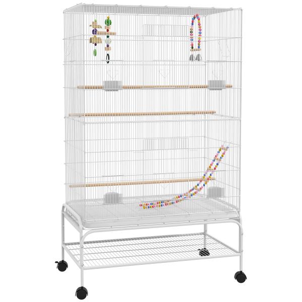 Gaiola para Pássaros com Rodas com 4 Comedouros 3 Poleiros Brinquedos Bandeja Amovível e Prateleira 79x49x133 cm Branco