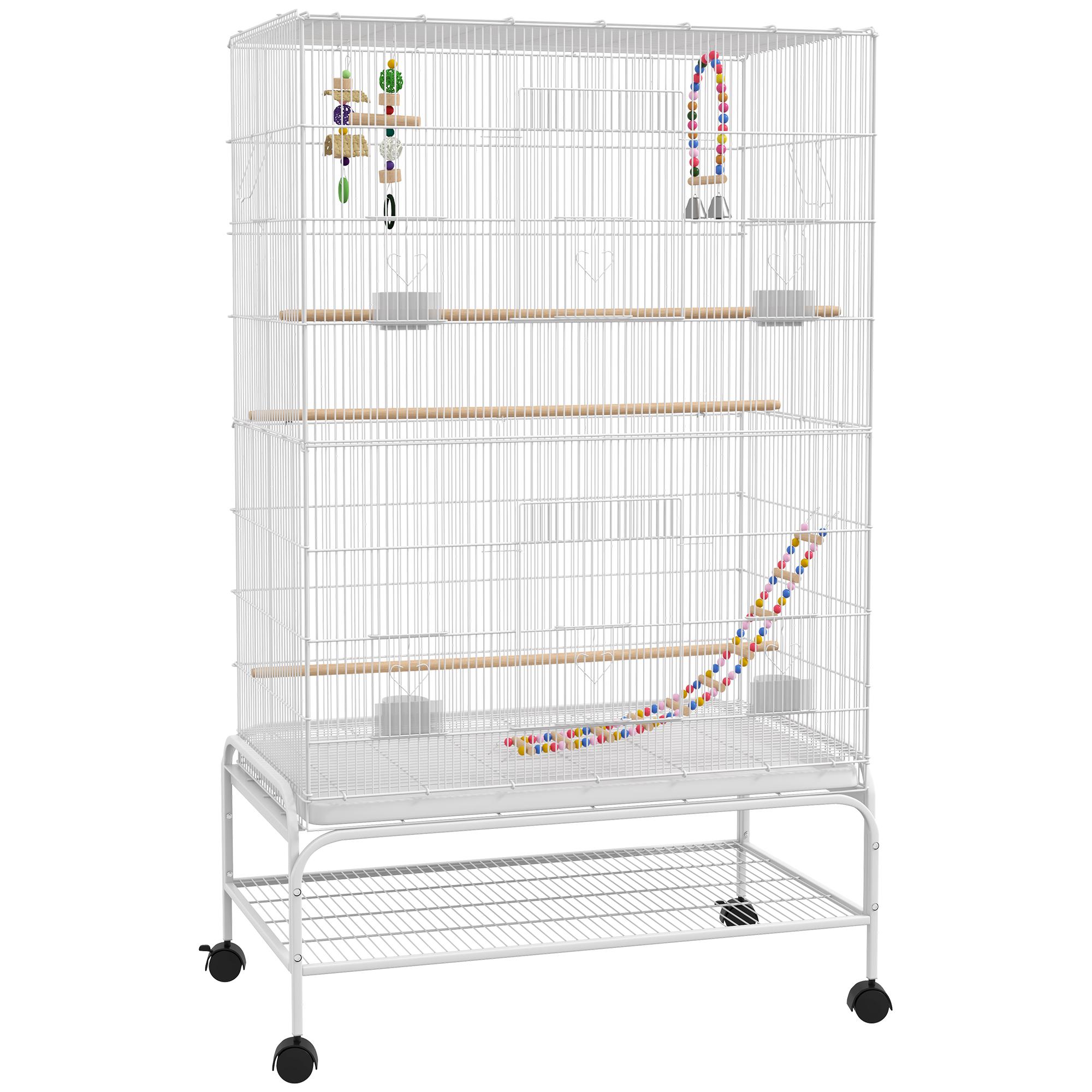 Gaiola para Pássaros com Rodas com 4 Comedouros 3 Poleiros Brinquedos Bandeja Amovível e Prateleira 79x49x133 cm Branco