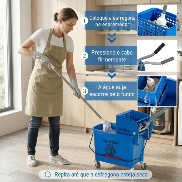 Balde de Limpeza com Escorredor, Painel Separador e Rodas Capacidade de 20L para Limpeza Doméstica 45x26,5x70 cm Azul
