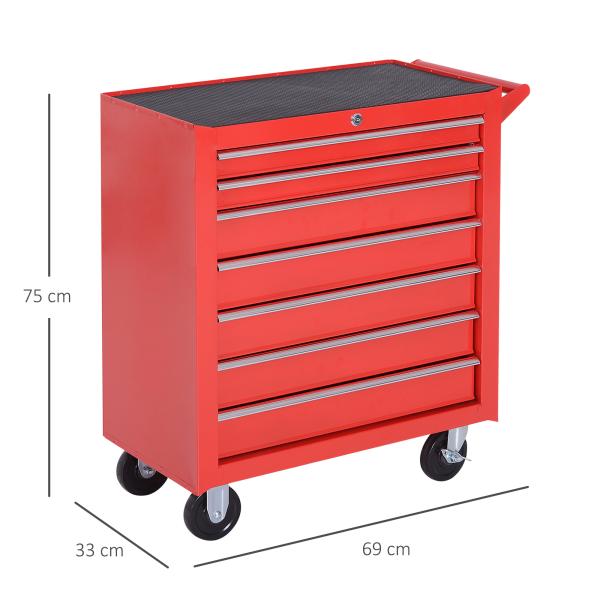 Carrinho de Ferramentas com 7 Gavetas Rodas Trava Armário de Armazenamento para Oficina de Garagem e Chapa de Aço 69x33x75 cm Vermelho