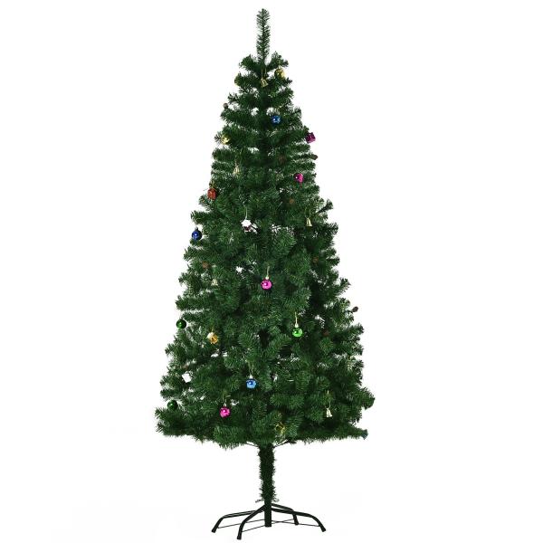 Árvore de Natal Artificial 180cm Ignífugo com 624 Ramos 48 Decorações Folhas de PVC e Suporte Metálico Verde