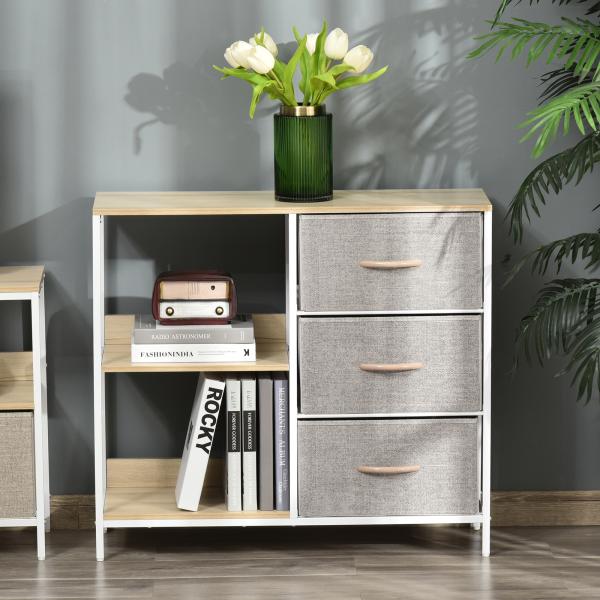 Cómoda de Estilo Industrial com Gavetas de Tecido Dobráveis e 2 Prateleiras 80x29x71 cm Madeira e Cinza Claro