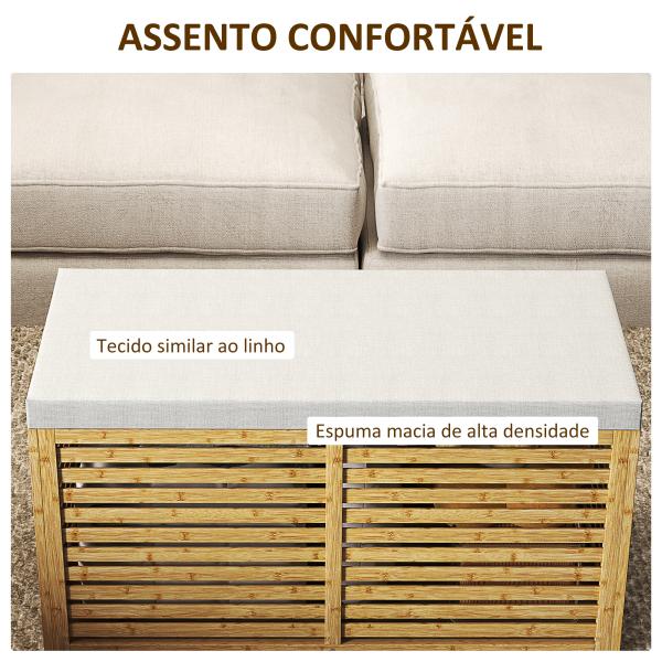 Baú de Arrumação para Dormitório 122L Estofado em Linho Sintético com Almofada Estrutura de Bambu 90x42x43 cm Cinza e Madeira
