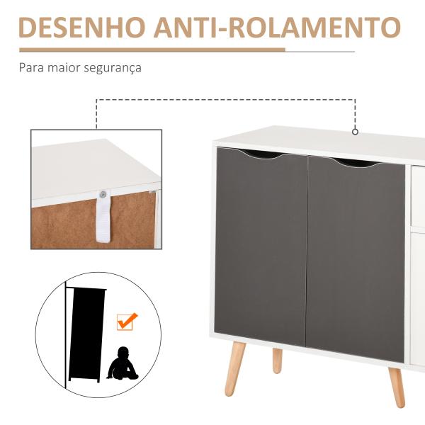Aparador Móvel Auxiliar de Armazenamento com 2 Armários de Porta Gaveta Pés de Madeira 90x30x72 cm Cinza e Branco