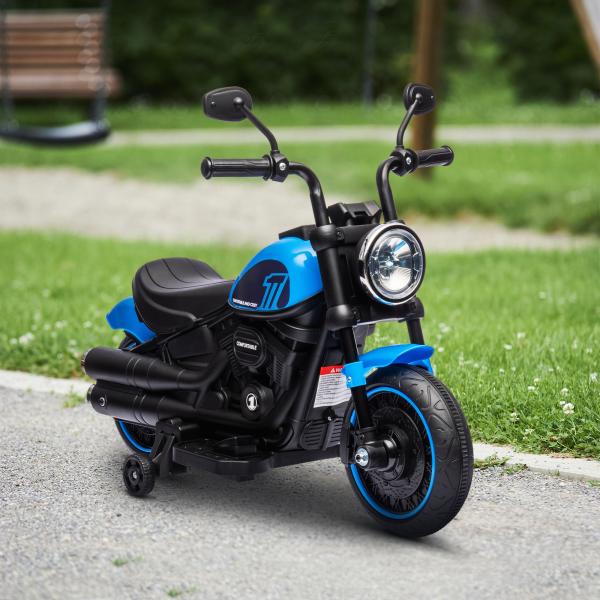 Motocicleta Elétrica para Crianças de 18 - 36 Meses com Bateria 6V Farol e Rodas Auxiliares Removíveis 76x42x57 cm Azul