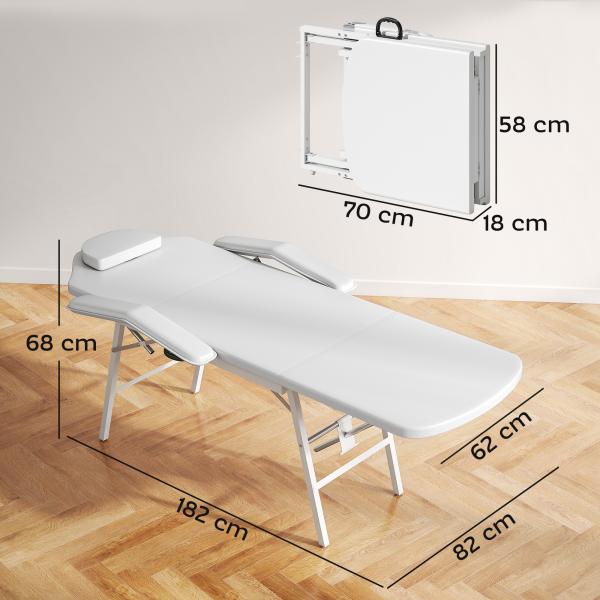 Marquesa de Massagem Dobrável Portátil de 3 Secções com Encosto Ajustável Apoio de Cabeça e Braços 182x82x68 cm Branco