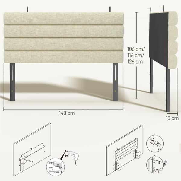 Cabeceira de Cama 140 cm Altura Ajustável em 3 Níveis 106/116/126 cm Estofada em Linho Bege