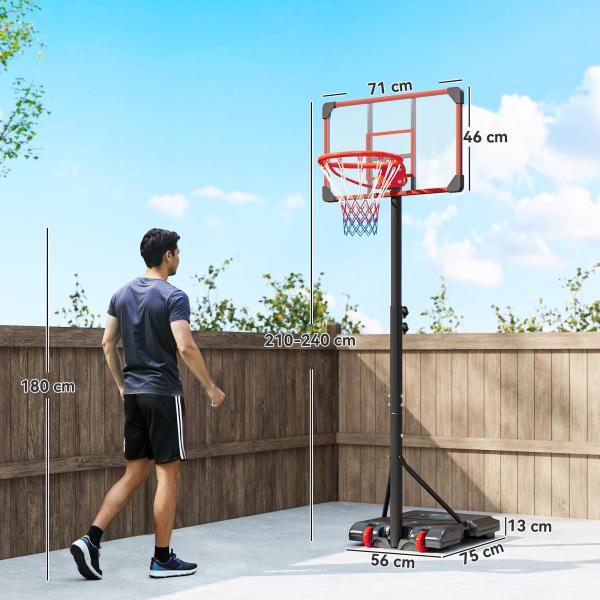Tabela de Basquetebol com Altura Ajustável 178 - 208 cm Rodas Base Recarregável para Exterior 75x56x210 - 240 cm Vermelho e Preto