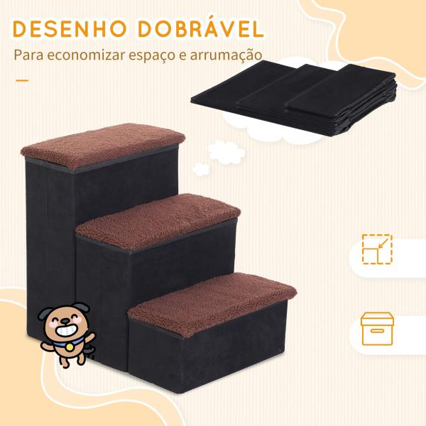 Escada para Animais de Estimação de 3 Degraus Dobrável com Tampa e Espaço de Armazenamento Escada para Cães Gatos Pequenos para Cama Sofá 40x54x48cm Preto