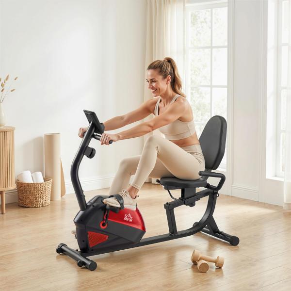 Bicicleta Estática com Encosto 8 Níveis de Resistência Magnética Volante Assento Ajustável Monitor LCD Pulsómetro Suporte de Telemóvel e Rodas Vermelho