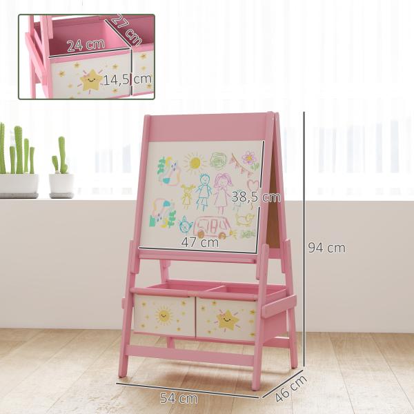 Cavalete de Pintura para Crianças 3 em 1 para Crianças acima de 3 Anos com Rolo de Papel e Cestos de Arrumação 54x46x94 cm Rosa