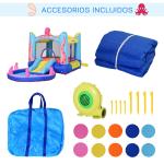 Castelo Insuflável com Escorrega Trampolim e Piscina para Crianças acima de 3 Anos Inclui Insuflador e Bolsa de Transporte para Interior e Exterior 360x175x180cm Multicor