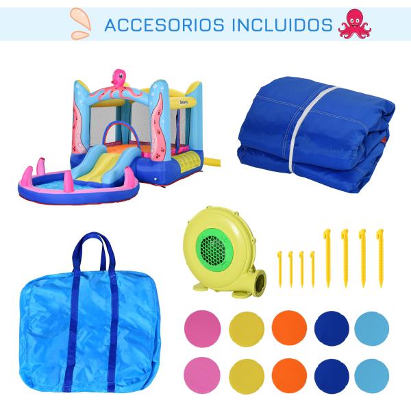 Castelo Insuflável com Escorrega Trampolim e Piscina para Crianças acima de 3 Anos Inclui Insuflador e Bolsa de Transporte para Interior e Exterior 360x175x180cm Multicor