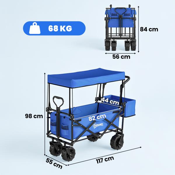 Carrinho de Transporte Dobrável para Praia Campismo Viajem com Toldo Guiador Rodas Altura Ajustável 117x55x98 cm Azul